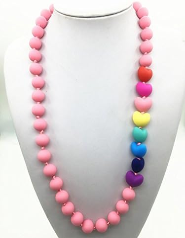 Baby And Mommy Beads Food Silicone Teething - Food grade Silicone Teething Necklace with heart beads baby chew necklace Nursing necklace (Pink Rainbow)