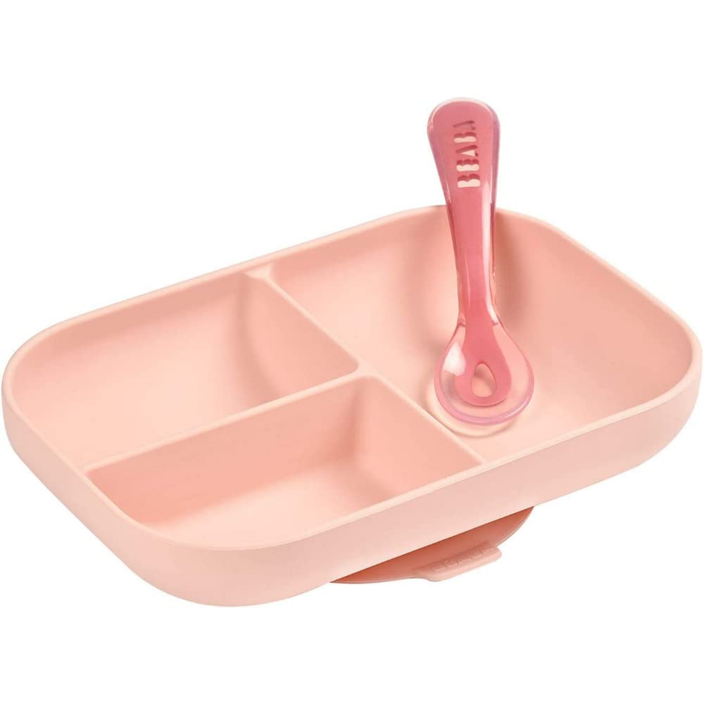 Béaba - Baby Suction Plate - Silicone Divided Plate with Suction Cup + Silicone Spoon - Sticks to the table/high chair Tray - Microwave safe - Toddler Meal Set - Pink