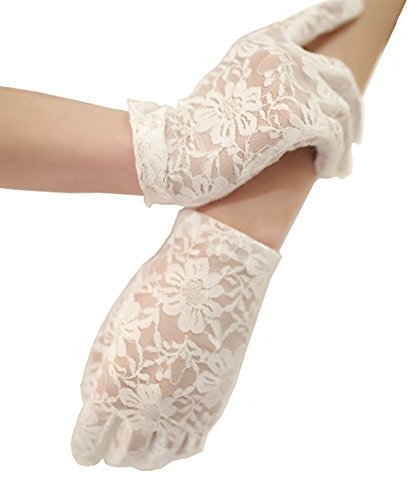 Honeyveil Women's Short Vintage Floral Lace Wrist Length Fullfinger Gloves,Short,A: Beige - Thumbnail 3