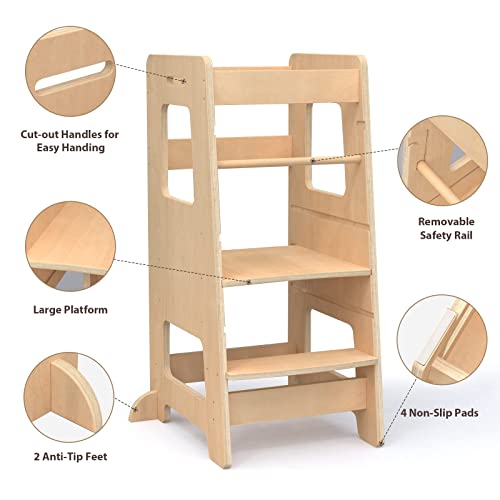 WOOD CITY Kitchen Step Stool for Kids and Toddlers with Safety Rail