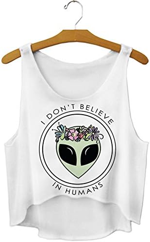 Women (Pattern Four) Alien Printed White Sleeveless Crop Top