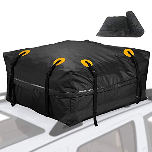 Car Roof Bag (18 Cubic Feet) with Protective Car Roof Mat & Storage Bag 1000D Waterproof Rooftop Cargo Carrier Heavy Duty Roofbag Excellent Military Quality Bag Fits All Cars with/Without Rack