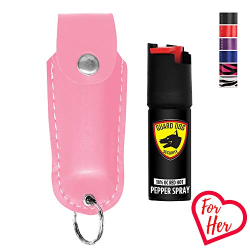 Guard Dog Security Pepper Spray Keychain, Red Hot Self Defense Spray with UV Dye - Choose a Leather Holster Color, Pink