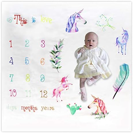 Unicorn Baby Monthly Milestone Blanket,Newborn Baby Milestone Blanket Photography Prop Background Monthly Growth Shooting Photo Bedding Wrap Swaddle 100x100cm