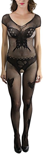 ToBeInStyle Women's Fishnet Center Butterfly Design Bodystocking - BLACK