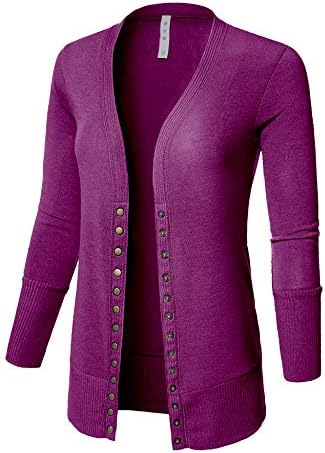 Women's V Neck Cardigan Snap Button 3/4 Sleeve Sweater with Ribbed Detail Collection Plus Size