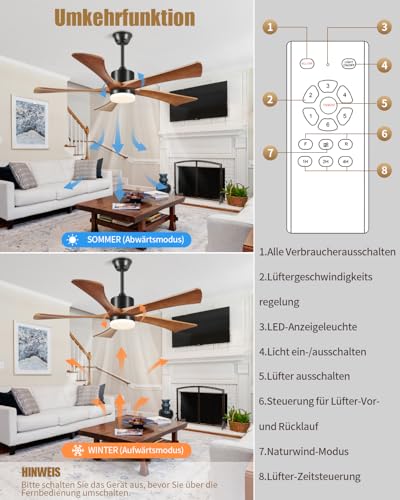 Forrovenco Wooden Ceiling Fan with Light 132 cm / 52 Inches, Ceiling Fan with Lighting and Remote Control, Outdoor Ceiling Fans for Patio, 5 Blades, 6 Levels, Quiet DC Motor, Walnut