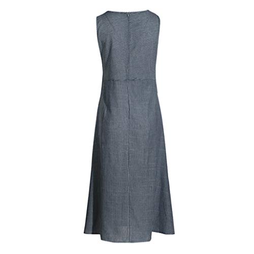 Women Cotton Linen Maxi Dress, Lady Stripe Loose Sleeveless Scoop Neck Flowy Casual Long Beach Dresses with Pockets (Large, Navy) - Thumbnail 4