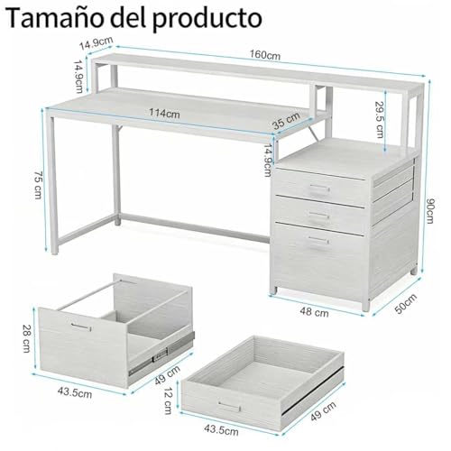 KINTOP Escritorio Oficina con 3 Cajones, Soporte para 3 Monitores, Estructura de Madera Resistente, 160 Lar. x 50 ANC. ×90 Alt. CM, Escritorio para computadora Multiusos para Hogar Pequeño (Blanco)