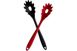 Silicone Pasta Fork, 2 Pack Heat Resistant Noodle Spoon, Durable Spaghetti Spoon (Black Red)