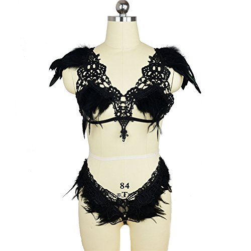 Women Sexy Full Feather Epaulette Harness Strappy Bra Cage Lingerie Cosplay Exotic Gothic Top Elastic Adjustable Plus Size