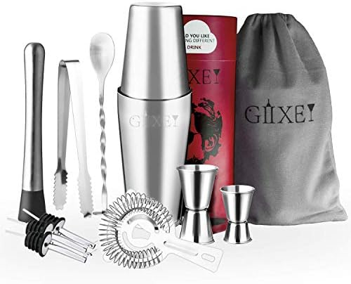 Giixer 11 Pieces Cocktail Shaker Bar Sets in Gift Package Stainless Steel Chrome, 600ml/750ml Boston Shaker Double Jigger, Muddler, Cocktail Strainer, Bar Liquor Pourers
