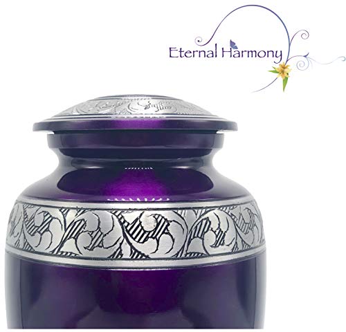 Eternal Harmony Memorial Cremation Urn for Human Ashes | Carefully Handcrafted with Elegant Finishes to Honor and Remember Your Loved One | Adult Large Size with Beautiful Velvet Bag (Purple Silver)