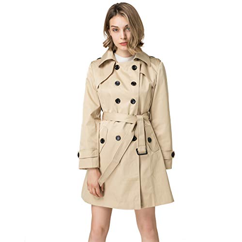 Blostirno Women's Notched Lapel Long Jacket Double Breasted Mid Length Trench Coat with Belt (Khaki US Size-16 / Asian Size 5XL)