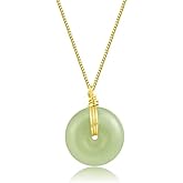 LOOYUUPEE Natural Hetian Jade Pendant Safe Buckle Necklace, Real Green Donuts Jade Charm Pendant Adjustable Choker Necklaces for Mom Lover Her (925 Sterling Silver with Gold Plated)