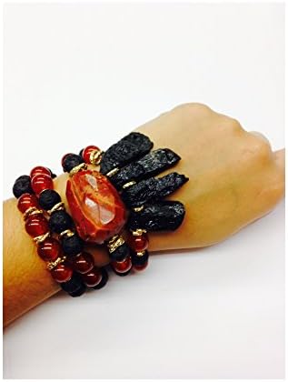 Set of 4 Handmade Bracelets - Volcanic Rock, Carnelian, Exotic Jasper, Black Tourmaline Natural Stones &amp; Goldfilled Beads