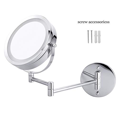 LED Double-Sided Magnifying Makeup Mirror, 6.7" Diameter 1X/5X Adjustable Magnification Led Cosmetic Mirror Wall Mounted, 360° Rotating Function, Lighted Vanity Mirror, Chrome Extendable Swivel Mirror - Thumbnail 6