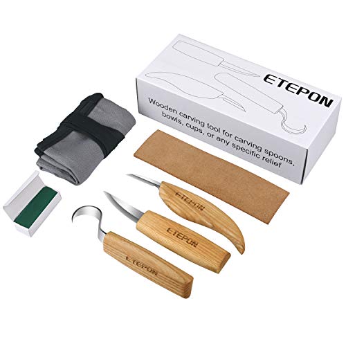 ETEPON Wood Carving Tools Set Knifes for Spoon Carving, Whittling Knife + Hook Knife + Detail Knife + Sharpening Leather Strop + Polishing Compound in a Portable Canvas Bag Roll ET014