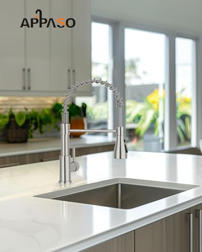 APPASO Grifo de cocina alta presión, grifo mezclador de cocina con 3 modos de rociado, grifo mezclador de fregadero de cocina giratorio 360°, acero inoxidable cepillado