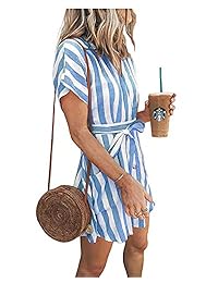 TOPUSH Mini vestido con cuello en V y manga corta con cuello en V y manga corta con cuello redondo y bolsillo