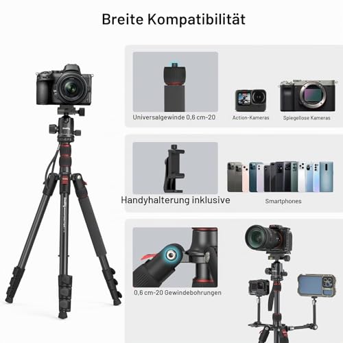 SMALLRIG 71 Inch Foldable Aluminium Camera Tripod Monopod | 360° ball head removable and quick release plate, with smartphone clamp, payload 15 kg 33 lb, 71 in/180 cm - 3935