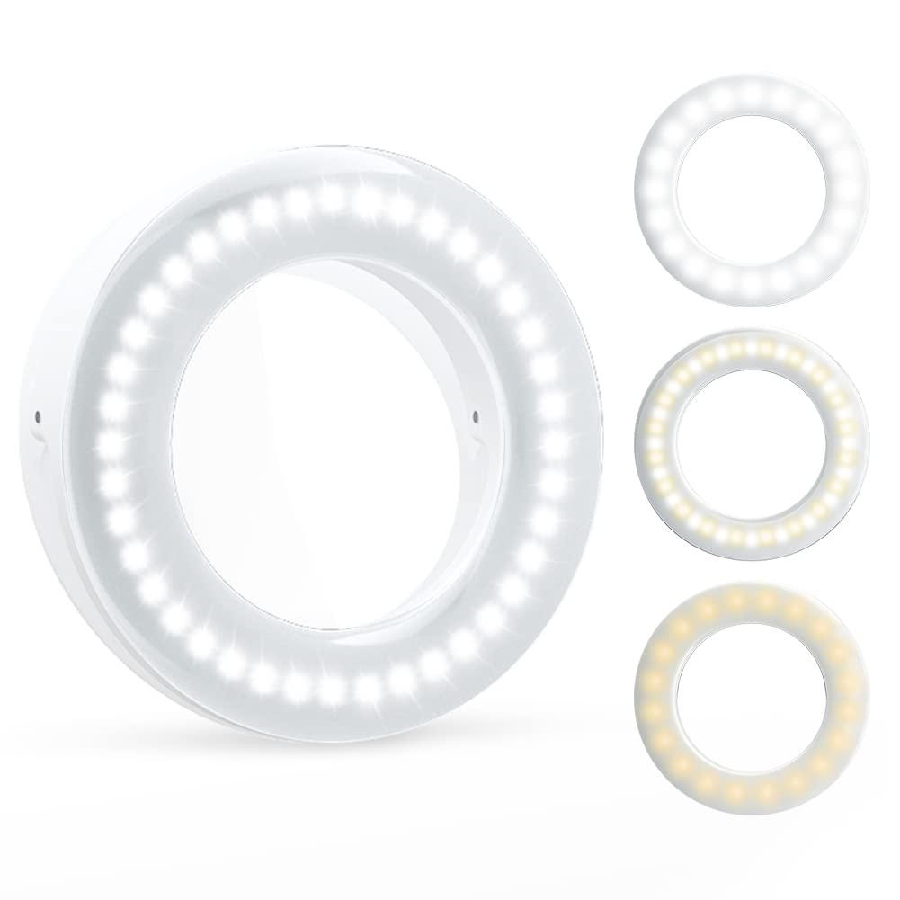 Selfie Ring Light,IVEOPPE 3-Level Brightness Clip-on Circle Light,40 LED USB Rechargeable Selfie Fill-Llight for Phone, Laptop, Zoom Meeting, Make up(White)