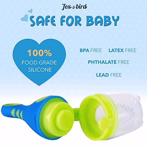 Fox and Bird - Baby Fruit Feeder Pacifier (2 Pack) | Baby Food Feeder | Doubles as Teething Toy for Infants and Toddlers | Includes Pacifier Clip and 6 Silicone Pouches (Blue/Orange) - Thumbnail 5