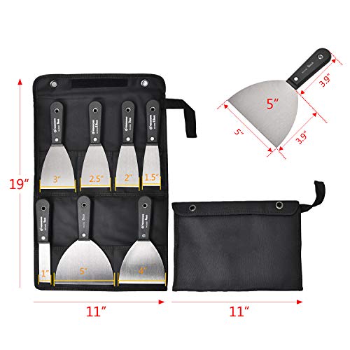7 Pieces Putty Knife Set, Steel Scraper Drywall Taping Knife Paint Plastering Knife Wall Scrapers Comfortable and Anti-slip Handle,1/1.5/2/2.5/3/4/5 Inch with Black Storage Bag Gift for Family