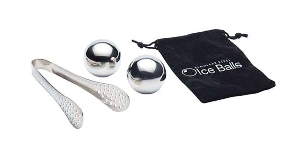 BarCraft Ice Ball Set, Stainless Steel, Pack of 2 Reusable Ice Cubes with Tongs and Storage Bag, Silver