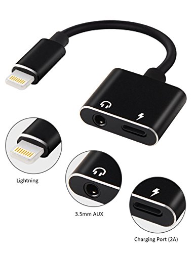 Lighting to 3.5mm Aux Headphone Jack Audio Adapter, CAMOY 2 in 1 Lighting Adapter Compatible with Phone XR/XS MAX/X / 7 Plus / 8 Plus (Support iOS 11, iOS 12)-Black