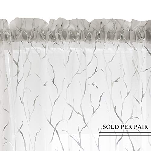White Sheer Curtains 84 Inch Long Silver Foil Tree Branch White