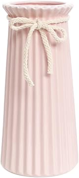 JUZAI Pink Ceramic Ribbed Vase 10 Inch Minimalist Modern Home Decor