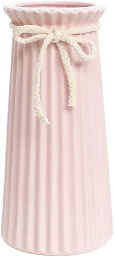 JUZAI Pink Ceramic Vase 8 Inch Ribbed Modern Home Decor