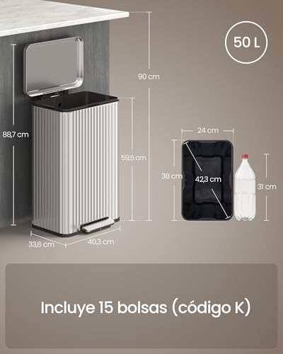 SONGMICS Bote de Basura de Acero Inoxidable para Cocina, con Pedal, Tapa Cierre Suave, 50L, Cubeta Extraíble, Incluye 15 Bolsas MLTB586EZ01