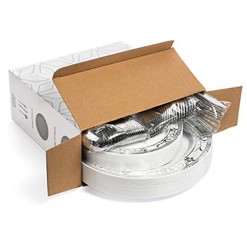 125 Piece Silver Rim Flower Design Dinnerware Set - 25 Guest Tableware Combo Set - Disposable or Reusable - 25 Dinner Plates - 25 Salad Plates or Dessert Plates - 25 Knives - 25 Forks - 25 Spoons - Thumbnail 6