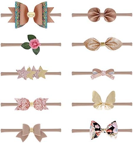 Yyooo 10Pcs/Set Newborn Baby Kids Champagne Color Series Thin Nylon Headband Faux Leather Glitter Sequins Bowknot Hairband Traceless Headwrap 0-5T