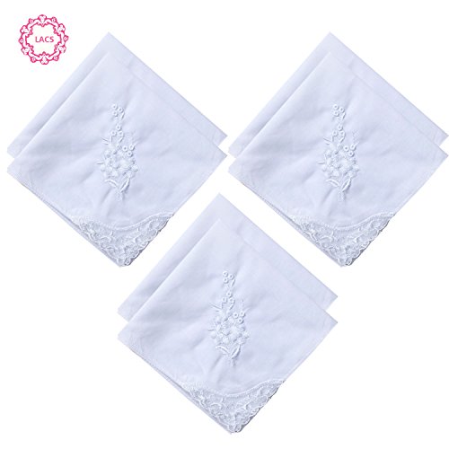 6 Pack of Ladies Embroidery Cotton Handkerchiefs Lace Border White Hankies