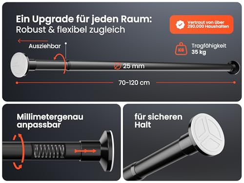 MEISENBERG Clamping Rod for Curtains, Matt Black, Diameter 25 mm, Curtain Rod No Drilling, Telescopic Curtain Rod for Clamping Windows, Shower and Partition Wall (70-120 cm)