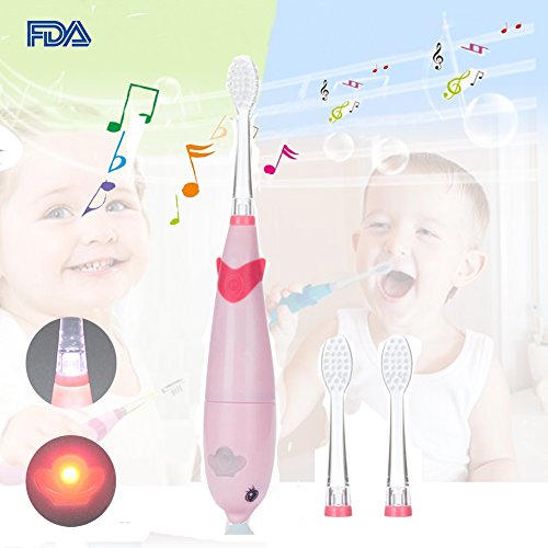 Musical Kids Sonic Electric Toothbrush Battery Powered Baby Electric Toothbrush Smart Child Electric Toothbrush LED Light Toddler Toothbrush 621 Vibrate Toothbrush for 2-10 Kid (Pink)