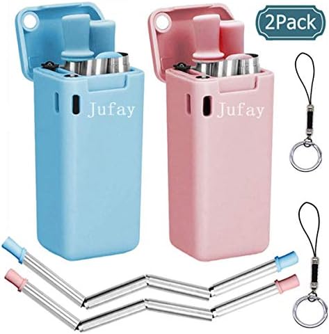 Collapsible Reusable Straw,Jufay 2-Pack Food-Grade Silicone,Folding Drinking Straw Stainless Steel,Foldable Drinking Straw with Hard Case Cleaning Brush,Portable Straw for Travel,Outdoor