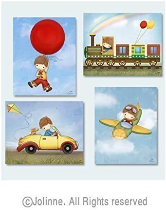 Boys Room Decoration Baby Nursery Art Posters Kids Bedroom Pictures Transportation 8x10 / 11x14 Inches Set of 4 Prints Custom Hair and Skin Color