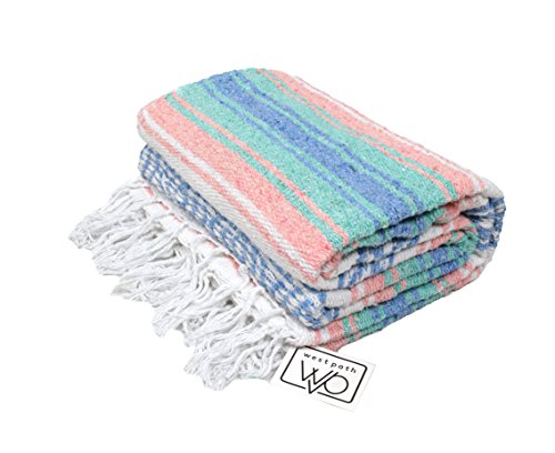 Light Teal and Coral Mexican Blanket - Authentic Mexican Flasa - Great Yoga Blanket, Beach Blanket, Picnic Blanket, or Mexican Throw! Handwoven - Thumbnail 2