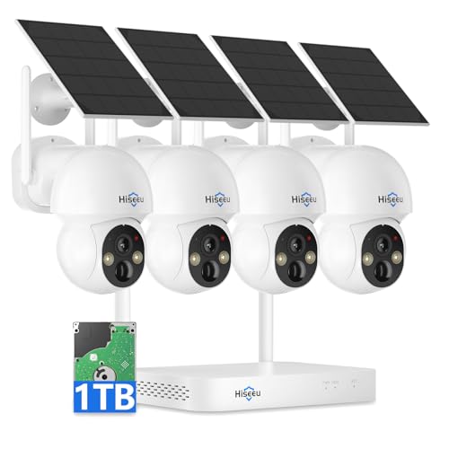 Hiseeu Wireless Solar Camera System Outdoor, 4PCS 4MP Home Battery Camera with 1T HDD, PTZ 360 View, PIR Motion Detection, Color Night Vision, IP66, 2-Way Audio, 2.4G WiFi, No Monthly Fee