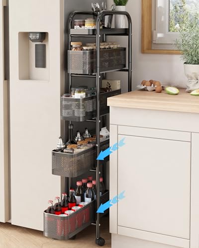 UMDONX Premium Metal Kitchen Trolley Pull out Drawers Narrow 5 Tier, Vegetable Fruit Storage Rack Utility Organiser Cart, Slim Shelving Unit with Universal Lockable Wheels - Black