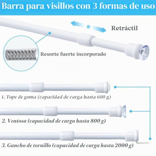 2 x Glass Curtain Rods No Drilling Extendable Curtain Pole with Snap Spring (60-80 cm, Φ10 mm)