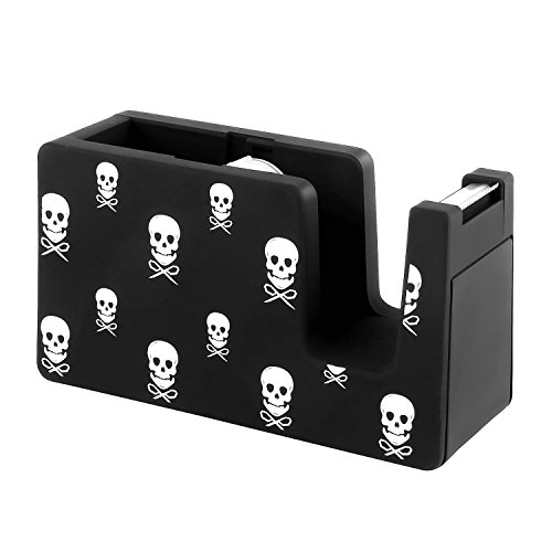 Zodaca [Skull Pattern] Soft Touch Desktop Tape Dispenser, 1 Inch Core, Black with White Skull