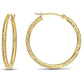 14K Yellow Gold Round Hoop Earrings with X Pattern Diamond-cut Design
