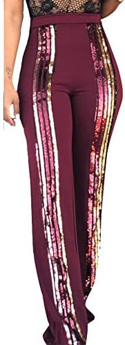 ALLUMK Women's Stretchy High Waisted Wide Leg Button-Down Pants with Sequins