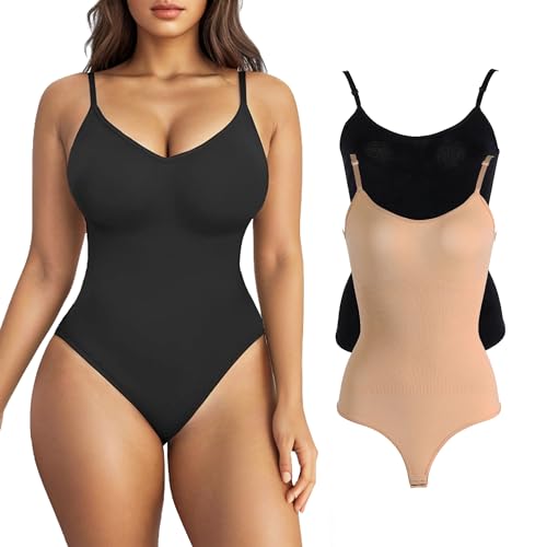 COMLORVEI 2 PIECE WOMEN’S SHAPEWEAR BODYSUITS TUMMY CONTROL SEAMLESS THONG V NECK SLEEVELESS FULL BODY SKIMS SHAPER TANK TOP