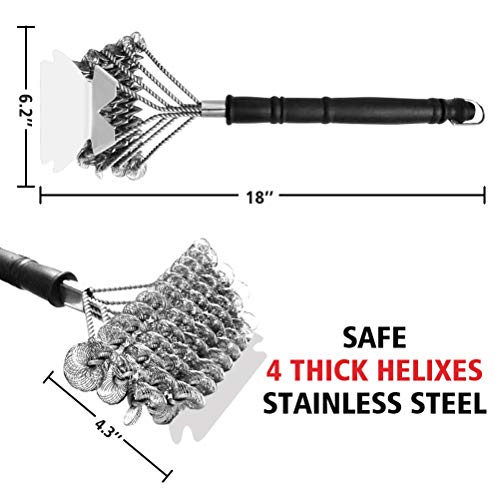 Grill Brush and Scraper Bristle Free - Faster Cleaning with 4 Helixes, Safe 18" Stainless Steel, BBQ Accessories, Easy Scrubbing for All Grill Grates & Griddles - Best Gifts for Grill Enthusiasts